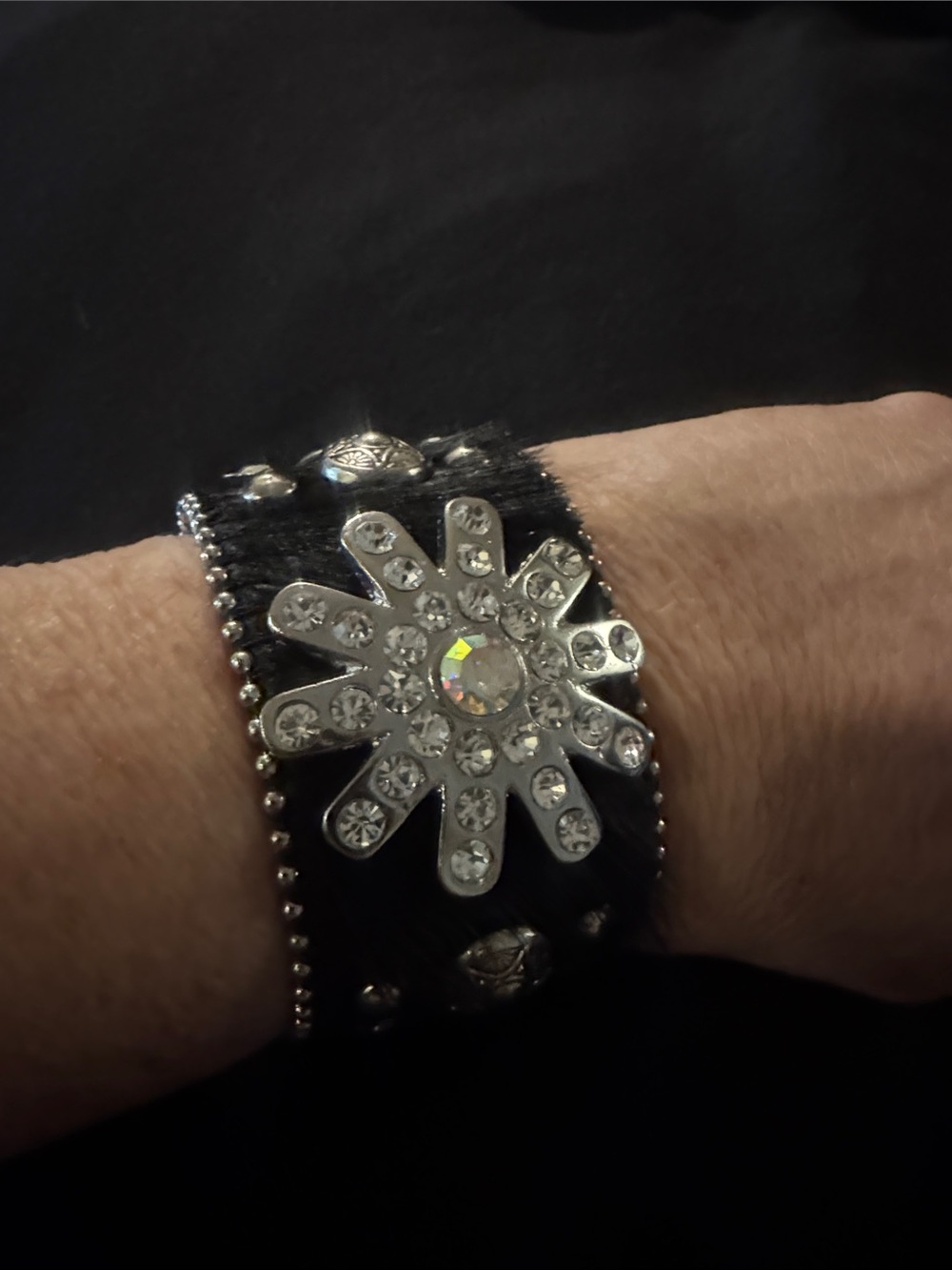 Black Fur Cuff Bracelet with Crystal Flower Accent